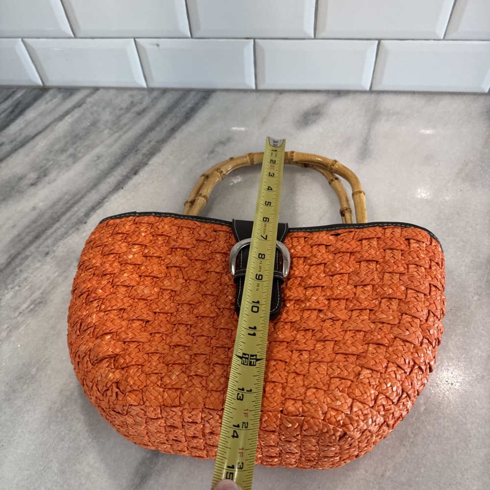 Orange Straw Purse With Leather Buckle And Bamboo Handles - Picture 15 of 15